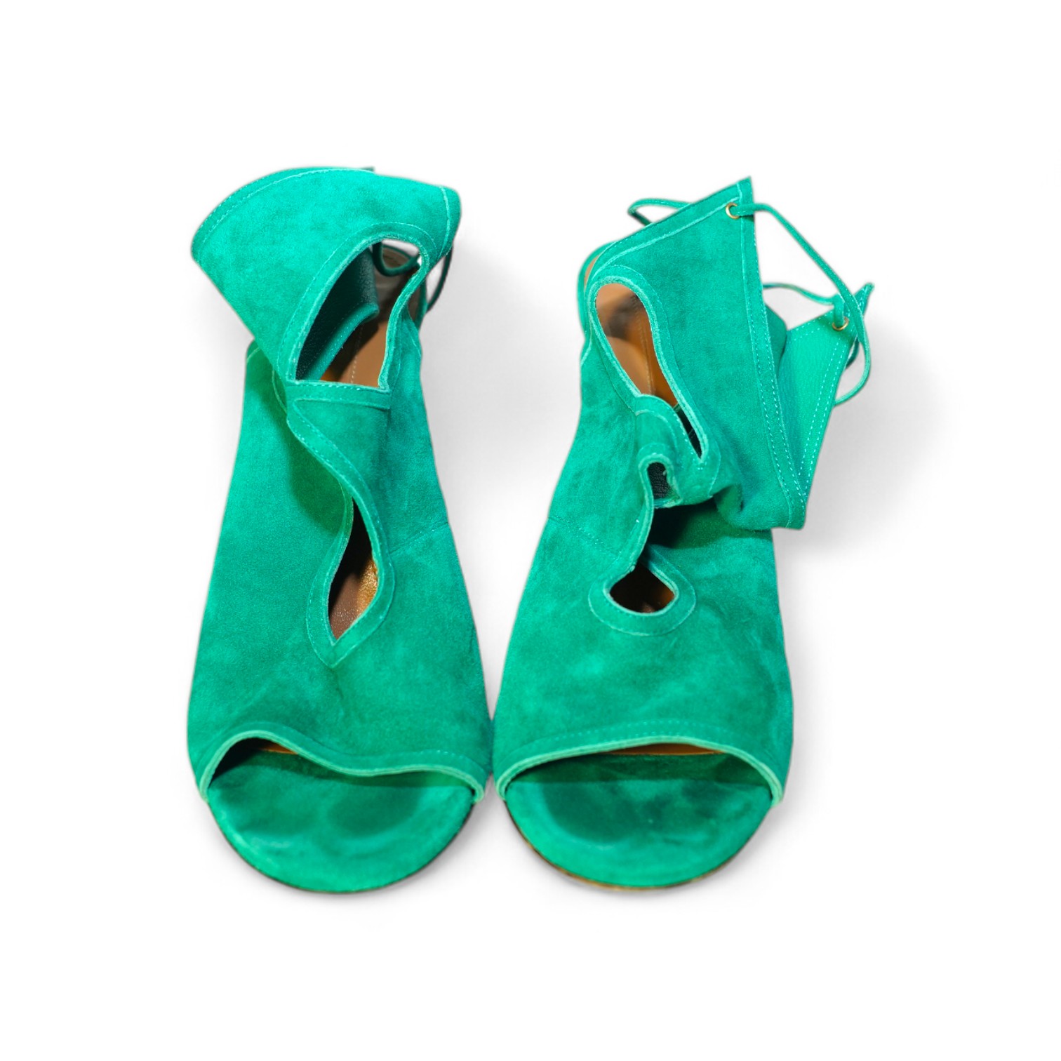 A pair of Aquazzura emerald suede open toe heels, in original box, size 41